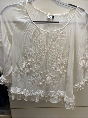 Women's Ivory Embroidered Peasant Blouse with Tassel Tie